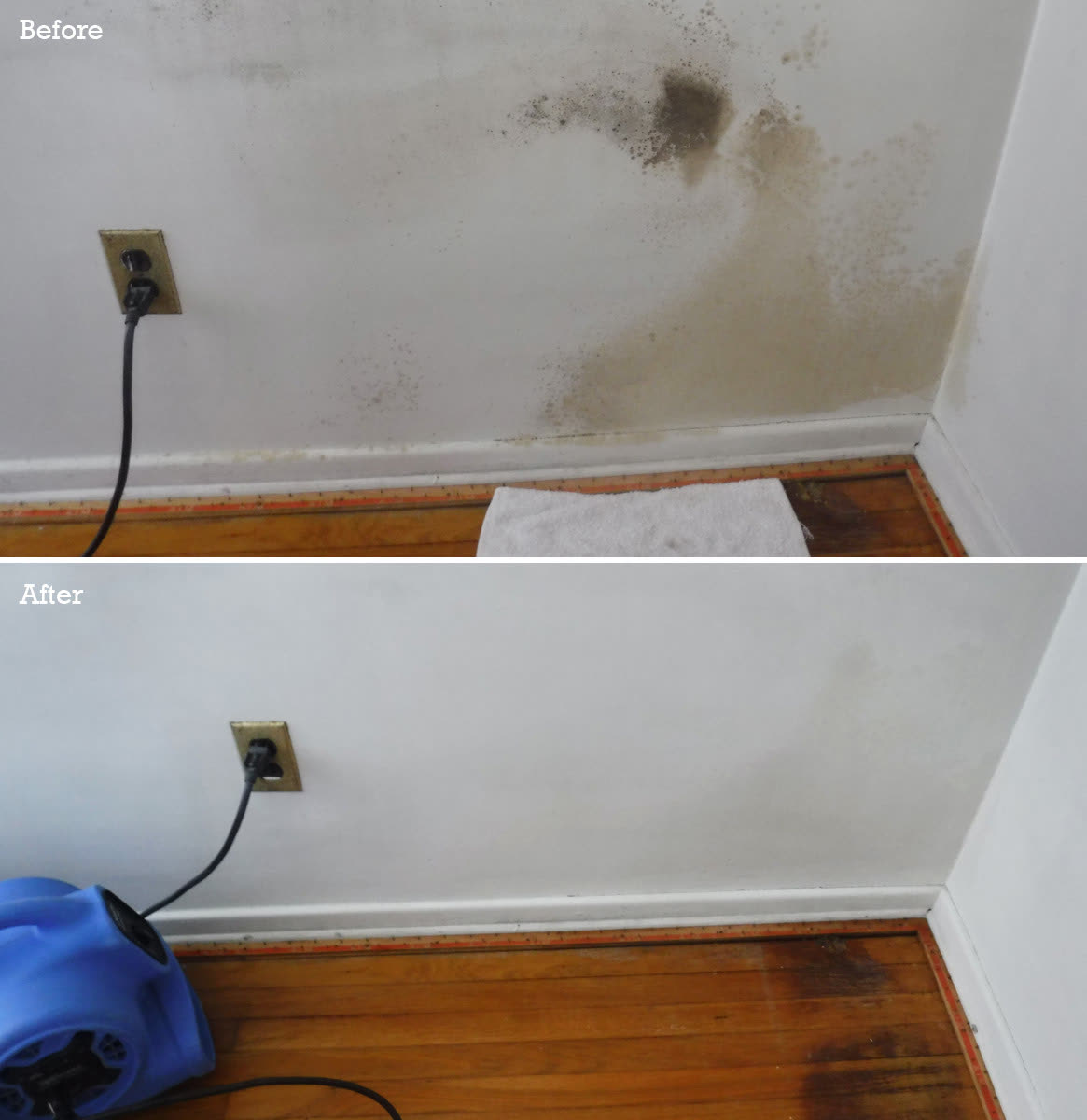 Illustrative before-and-after view of moisture-affected materials and a remediated space